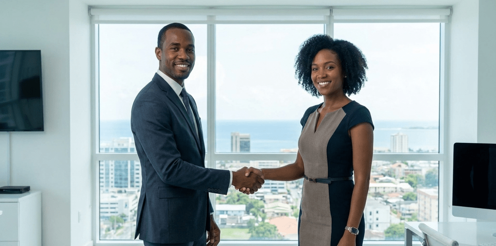 Two Caribbean real estate professionals shaking hands in a modern office with a panoramic cityscape view.